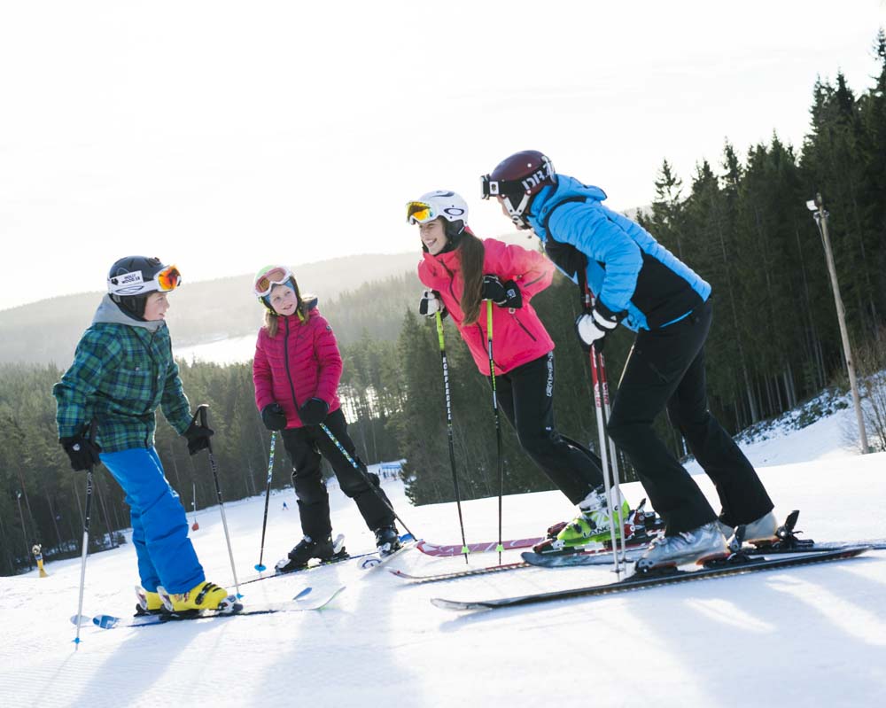Skidåkare som stannat och pratar i pisten Dalbacken på Isaberg